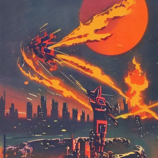 Image similar to giant robot smashing future city in flames, 1 9 6 0 s vintage sci - fi art, by jack gaughan