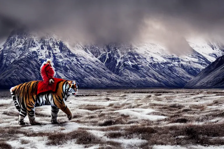 Prompt: a photo - realistic arctic landscape in wide angle, majestic snow - topped mountains in the background ( all white ), a tiger and an indian warrior woman ( intricate armor in earthern red ) in the foreground, wide angle, 1 8 mm, depth of field, foggy, moody, atmospheric