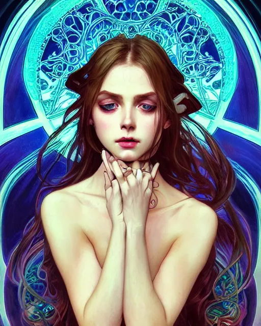 Image similar to portrait of demon girl, dreamy and ethereal, expressive pose, big blue eyes, exciting expression, fantasy, intricate, elegant, psychedelic smoke, highly detailed, digital painting, artstation, concept art, smooth, sharp focus, illustration, art by artgerm and greg rutkowskiand alphonse mucha