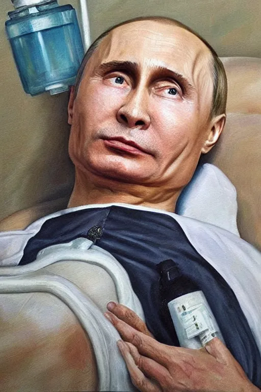 Prompt: a super very hyperrealistic oil painting of ill Vladimir Putin as a patient wearing an oxygen mask on a death bed inhaling from Copium tank that stand near his bed, visible face, oil painting, highly detailed, hyper realistic, volumetric lighting