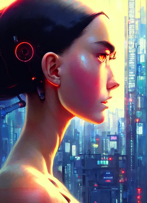 Image similar to side portrait of cyborg girl with robotic parts | | head only in center of image, audrey plaza, fine detail!! anime!! realistic shaded lighting!! poster by ilya kuvshinov katsuhiro otomo ghost - in - the - shell, magali villeneuve, artgerm, jeremy lipkin and michael garmash and rob rey