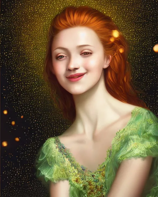 Image similar to a happy young woman looking over shoulder, intricate detailed dress, sitting among the lights of golden fireflies and nature, long loose red hair, bright green eyes, small nose with freckles, triangle shape face, smiling, dreamy scene, golden ratio, high contrast, hyper realistic digital art by caravaggio and artgerm.