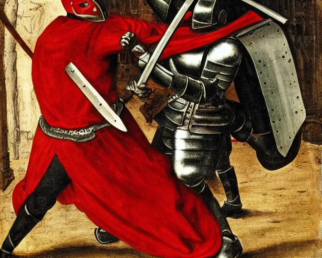 Image similar to 15th century medieval knight fighting against a red demon, 4K