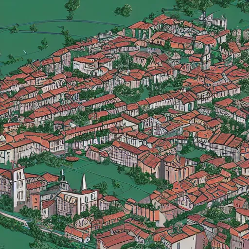 Image similar to an axonometric of albi, city from the south of france, highly detailed,