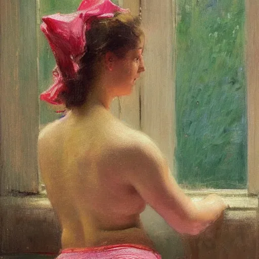 Prompt: A woman looking through a rainy window, back view, wide shot, pink string bikini, modest, 1950s, americana, award-winning, warm colors, by Ilya Repin, deviantart