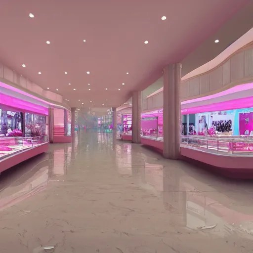 Image similar to pastel pink shopping mall underwater, hyper realistic, extremely detailed, concept art, trending on artstatoon, atmospheric, 8k, octane render, unreal engine