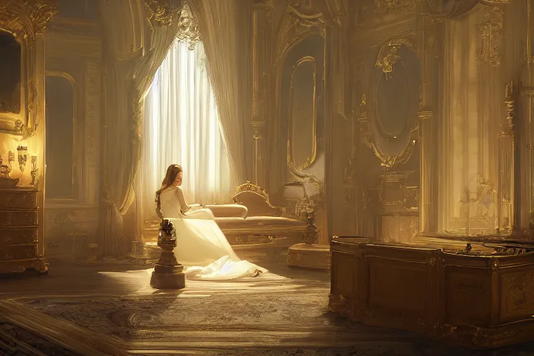 Image similar to a victorian age throne room with emily blunt on the throne, key visual, conceptart, ambient lighting, highly detailed, digital painting, artstation, concept art, sharp focus, by makoto shinkai and akihiko yoshida and greg manchess