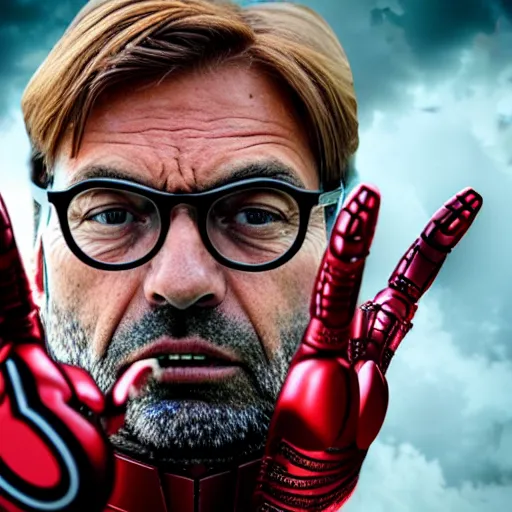 Prompt: jurgen klopp as iron man, unmasked, movie still, cinematic, photorealistic, extreme detail, sharp focus, 8 k, rain, close up, anamorphic lens, lighting, dark