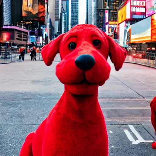 Image similar to Clifford the big red dog photographed in New York City, Times Square avenue barking at random tourists, 4k, detailed