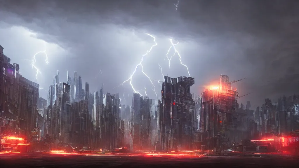 Image similar to a huge lightning strike destroying a dystopian city, cyberpunk, sharp focus, dynamic lights, still, photograph, hyper realistic, masterpiece, octane render, rendered, 3 d, cinematic, cinematic lighting, dramatic lighting, highly detailed, intricate details, texture, cinematic composition, wide shot, by donglu yu and kevin jick and eddie del rio