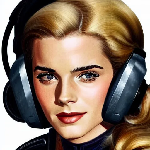 Image similar to A combination of Grace Kelly's and Emma Watson's and Ashley Greene's appearances with blonde hair wearing Power armor and a headset, full body portrait, western, D&D, fantasy, intricate, elegant, highly detailed, digital painting, artstation, concept art, matte, sharp focus, illustration, art by Donato Giancola and James Gurney