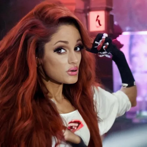 Image similar to photo of arianna grande fighting a vampire