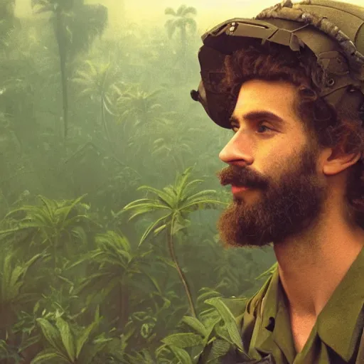 Prompt: an extremely detailed matte painting of a ridiculously good looking mimi mathy that looks like a jewish gigachad in the vietnam war, wearing a ballistic helmet from patton, long curly hair, camouflaged gear, very detailed, jungles of vietnam beautiful, intricate, cinematic, artstation, william bouguereau, alphonse mucha, greg rutkowski, stanley kubrick, octane render