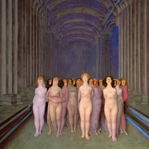 Image similar to a procession of women in a giant abandoned temple, hyperrealistic film still by gottfried helnwein, by klimt, by paolo uccello, art nouveau, highly detailed, lights by edward hopper, liminal, eerie, metaphysical, bright pastel colors,