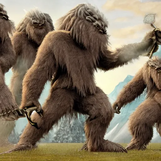 Prompt: a high detailed realistic photo of a group of armored yeti and sasquatch battling with swords shields andsd pears