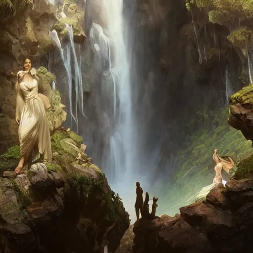 Image similar to an extremely detailed matte painting of a throuple dancing in a cavern behind a waterfall, epic fantasy, viewed in profile from far away, sharp focus, detailed face, art by greg rutkowski and alphonse mucha, volumetric lighting, 4 k resolution, trending on artstation, masterpiece