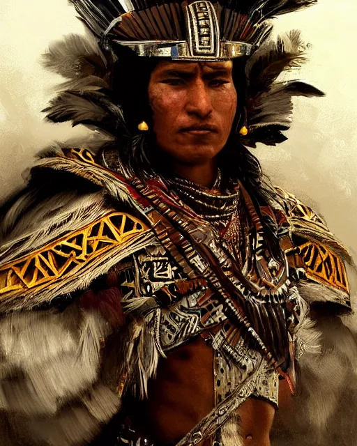 Prompt: Aztec warrior, handsome, portrait, intricate, elegant, feathers, volumetric lighting, scenery, digital painting, highly detailed, artstation, sharp focus, illustration, concept art, ruan jia, steve mccurry