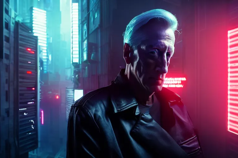 Image similar to ultra realistic, cinematic, james woods as cyberpunk junk cop, detailed, deep focus, movie still, dramatic lighting, ray tracing, by michal karcz and yoshitaka amano