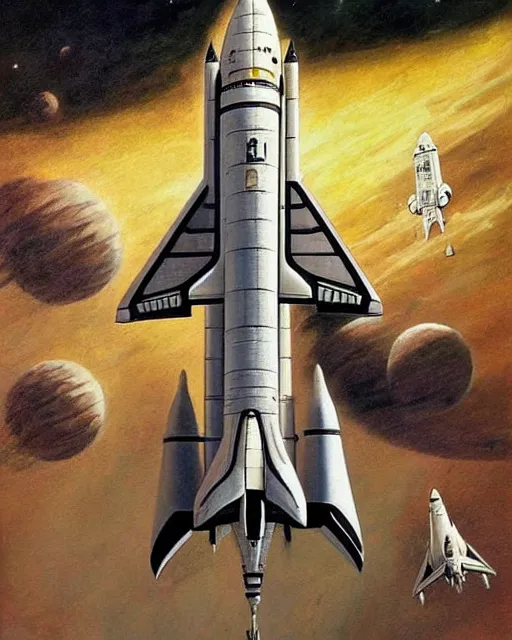 Image similar to a painting of a space shuttle and a space shuttle, concept art frank frazetta and jean giraud and dariusz zawadzki, trending on pinterest, space art, sci - fi, concept art, redshift