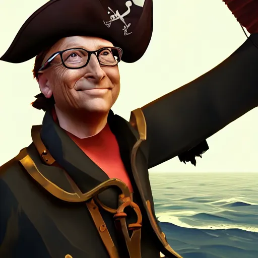 Prompt: Bill Gates as a pirate in the game Sea of thieves, digital art, trending on artstation