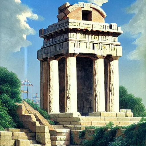 Image similar to beatiful young greek godess in steel helmet looking from a giant Zeus head, greek temple of olympus glory island little wood bridge painting of tower ivy plant in marble late afternoon light, wispy clouds in a blue sky, by frank lloyd wright and greg rutkowski and ruan jia