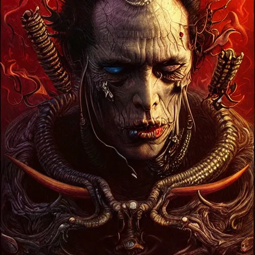 Prompt: hyper detailed masterpiece, black inferno demon vampire portrait jean giraud, digital art painting, darkwave goth aesthetic, creepy, psychedelic, artgerm, donato giancola, tom bagshaw