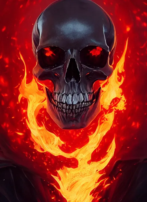 Image similar to A fancy portrait of a Skull on fire by Greg Rutkowski, Sung Choi, Mitchell Mohrhauser, Maciej Kuciara, Johnson Ting, Maxim Verehin, Peter Konig, Bloodborne, 8k photorealistic, cinematic lighting, HD, high details, dramatic, atmospheric , trending on artstation