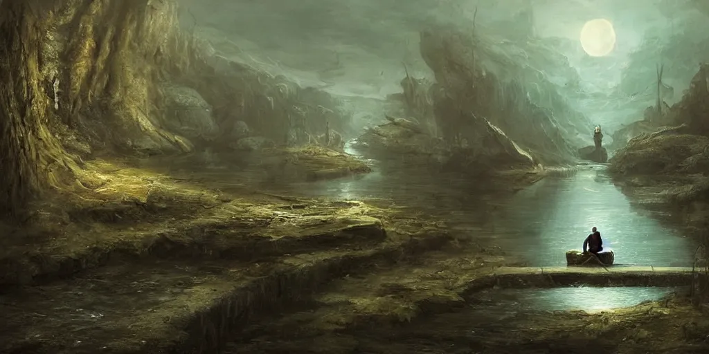 Prompt: a man sits at the edge of a river in the underworld waiting for the ferryman charon, beksinksi, dariusz zawadzki