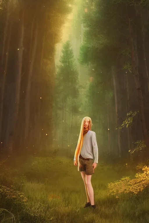 Image similar to pretty young man with long golden blond hair, demure, slender, trees, detailed forest background, webtoon, breathtaking scenery, colourful, 8 k, graphic novel, digital art trending on artstation, volumetric lighting, octane render, cinematic, hyper detailed, magical atmosphere