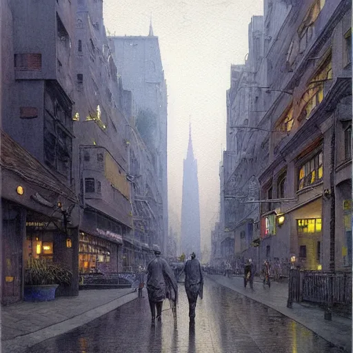 Prompt: a highly detailed and beautiful realistic watercolor painting of a 21st century city street in a smoky summer night, by Zdzisław Beksiński,Jean Delville, Edmund Dulac,Jean Giraud,Ellen Jewett, #vfxfriday, vivid, hyper realistic, wide angle, detailed, masterpiece, 8k resolution, matte painting, trending on artstation