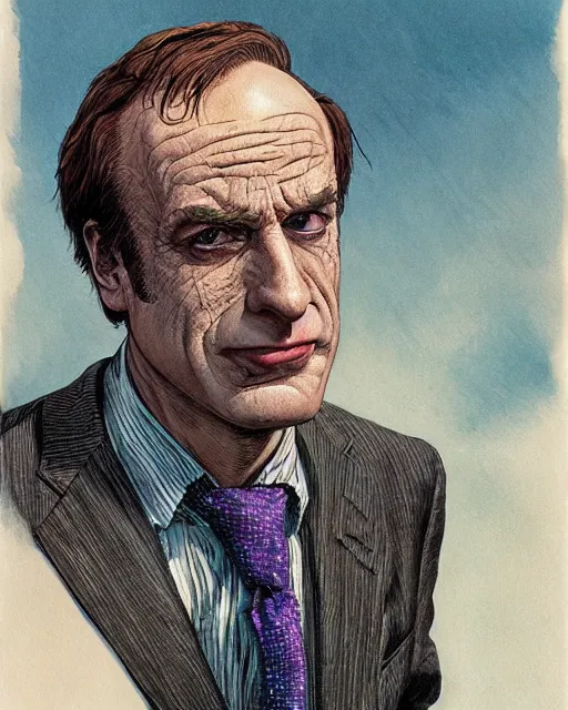 Image similar to portrait of saul goodman as the joker, illustration, art by neil gaiman and peter elson, bernie wrightson