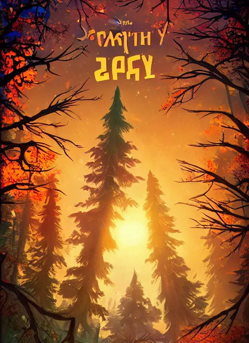 Prompt: Russian bootleg gravity falls poster, dramatic theming, disney animated series, mood lighting, unfortunate, hand painted cartoon art style, brutal, autumn, golden sunset, nostalgia, scenic, with text, 8k, award winning