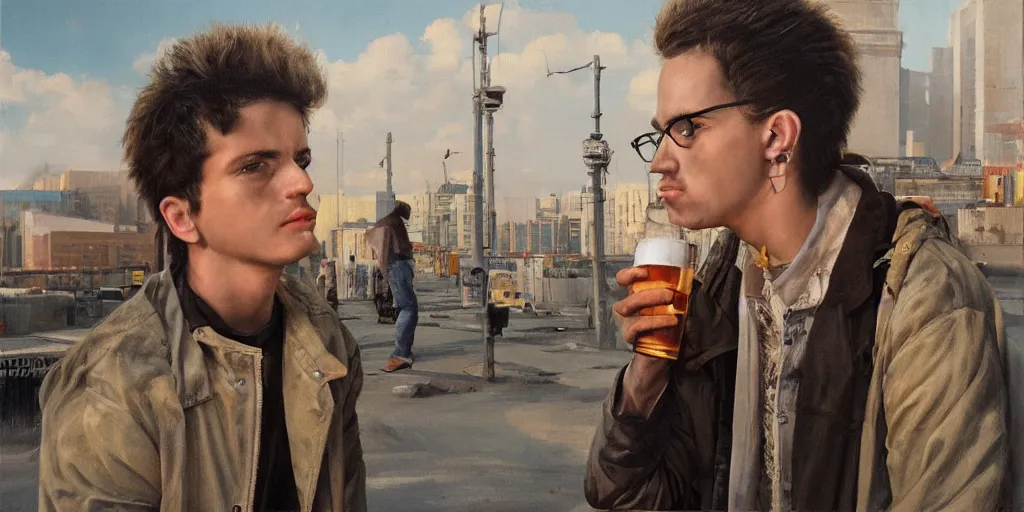 Image similar to beautiful oil matte portrait painting, 8 0 s punk sitting on top of the berlin wall drinking beer, wonderful masterpiece highly detailed, beautiful cinematic light deep focus, elegant, digital painting, smooth, sharp focus, golden ratio, dramatic illumination, ultra realistic, 8 k, art by jimmy law