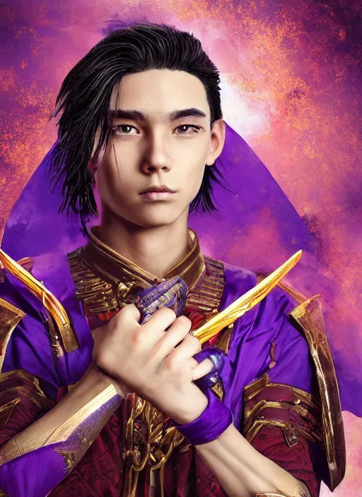 Image similar to An epic fantasy comic book style portrait painting of teenager boy with straight indigo hair, purple eyes with red eye markers, slim body, wearing a detailed Japanese kimono with golden armor pieces, holding a pair of fans. Unreal 5, DAZ, hyperrealistic, octane render, cosplay, RPG portrait, dynamic lighting