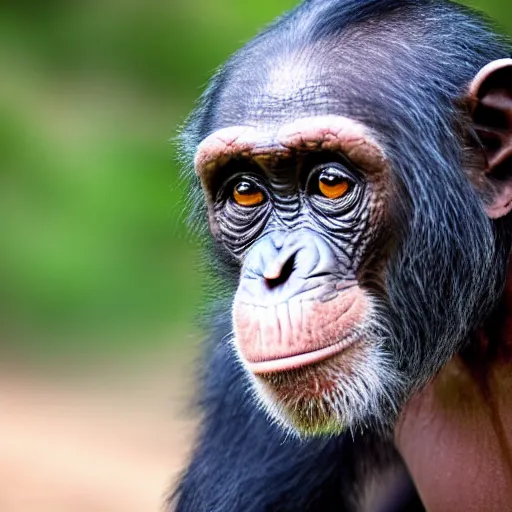 Image similar to chimpanzee looking curiously at a postbiological transhuman cyborg, hd photograph