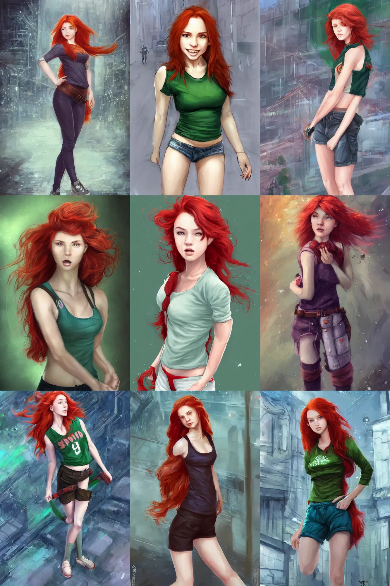 Prompt: beautiful cute athletic red haired joyful and playful nineteen year old maiden standing up in a modern city, casual green clothing, long hair, attractive face and body, rpg character, sci - fi, fantasy, intricate, elegant, digital painting, artstation, concept art, smooth, 8 k frostbite 3 engine, ultra detailed, art by artgerm, magali villeneuve