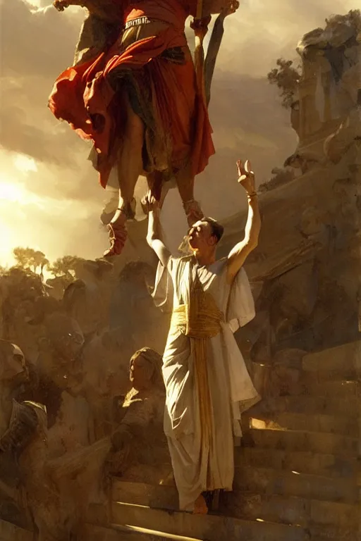 Image similar to ancient roman steve buscemi ascending wearing the civic crown, art by anders zorn, wonderful masterpiece by greg rutkowski, beautiful cinematic light, american romanticism by greg manchess, jessica rossier