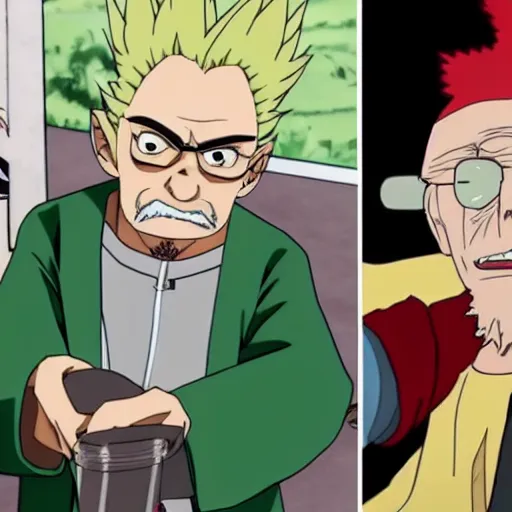 Image similar to senku from dr stone and walter white from breaking bad in a lab together