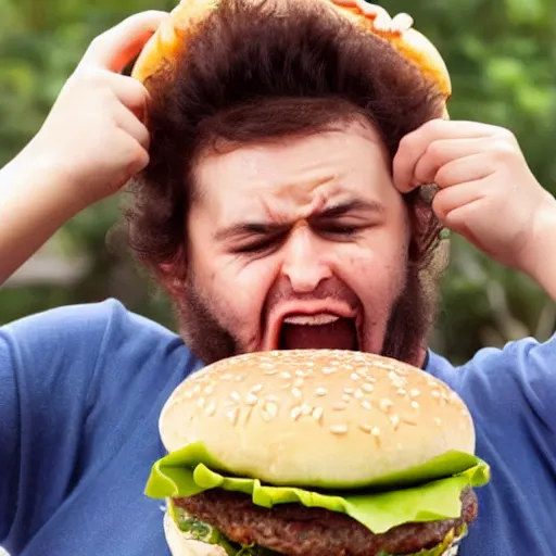 Image similar to a person eating a very very big hamburger that don't even fit in his mouth