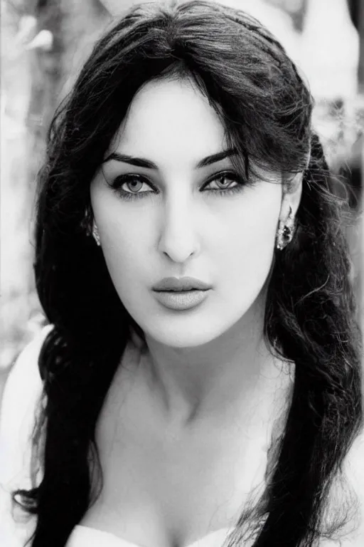 Prompt: young arab Monica Bellucci, blue eyes, long wavy black hair, white veil, closeup, focus