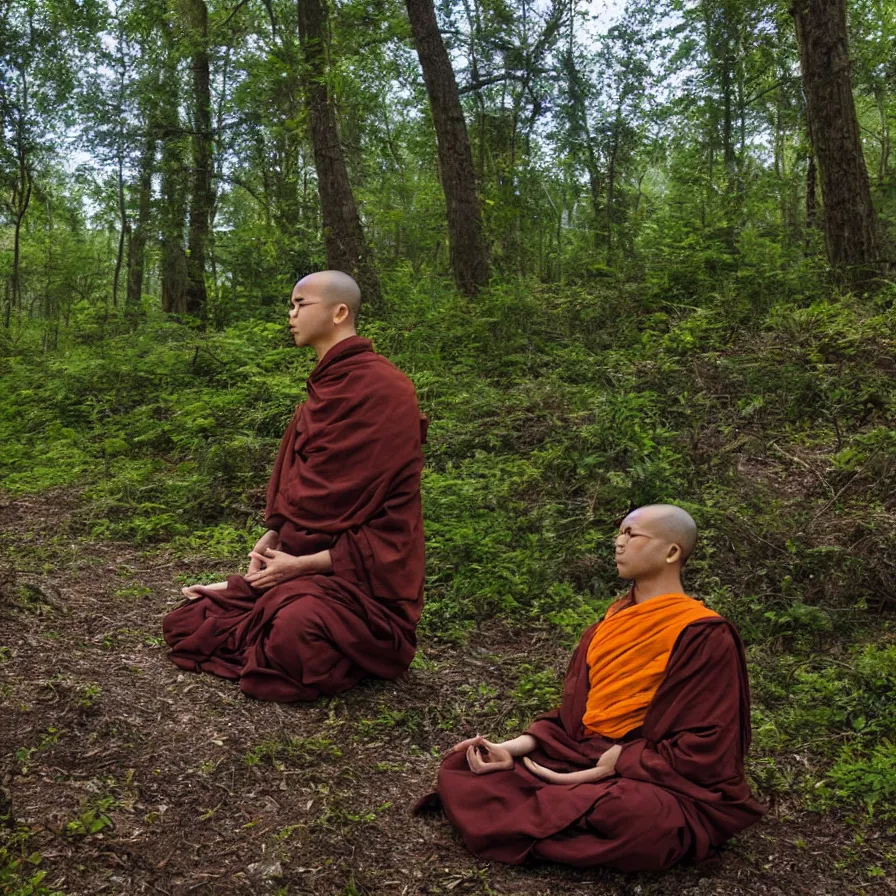 Image similar to a technobudist monk with a high-tech headset meditating in a forest