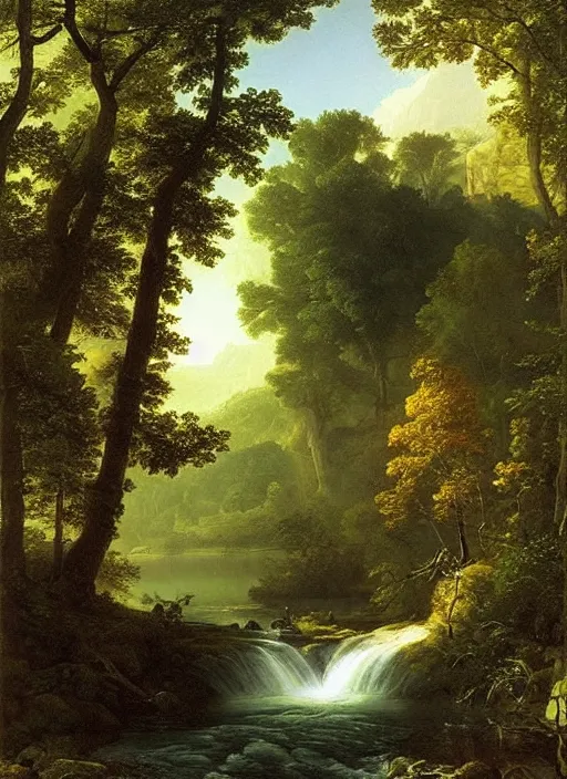 Prompt: the morning river, god light shafts, cascading waterfall, stunning atmosphere, nature art by asher brown durand