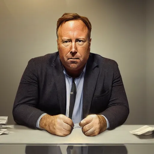 Image similar to hyperrealistic mixed media image of info wars alex jones at desk wearing hat, stunning 3 d render inspired art by xiang duan and thomas eakes and greg rutkowski, perfect facial symmetry, hyper realistic texture, realistic, highly detailed attributes and atmosphere, dim volumetric cinematic lighting, 8 k octane detailed render, post - processing, masterpiece,