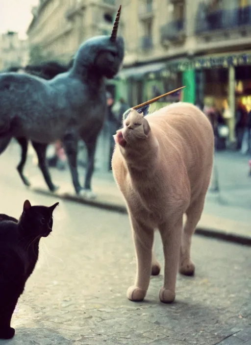 Image similar to a unicorn in paris sneezing a cat out of its horn, canon 5 d 5 0 mm lens kodachrome