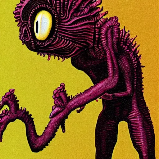 Image similar to illustration of alien creature that looks like bart simpson, in the style of wayne barlowe