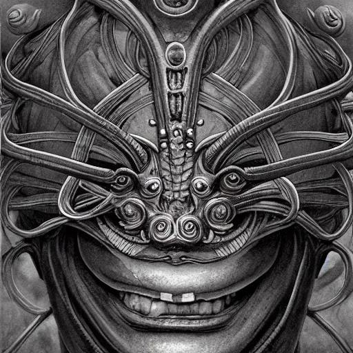 Image similar to a naraka buddhist alien demon korean, thailand art, tubular creature, blood vessels, black energy, dystopian surrealism, artstyle alex ries zdzisław beksinski, symmetry accurate features, very intricate details, high resolution, symmetrical long head, smooth marble surfaces, detailed ink illustration, metal gear, cinematic smooth stone, deep aesthetic, concept art