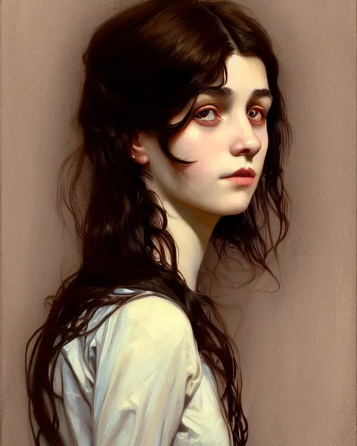 Image similar to portrait of a welsh teenage girl with brown hair, dark brown eyes, glowing skin, delicate features, quiet beauty, amelie poulain, fantasy, intricate, elegant, dress shirt, highly detailed, digital painting, artstation, concept art, smooth, sharp focus, illustration, art by Krenz Cushart and Artem Demura and alphonse mucha