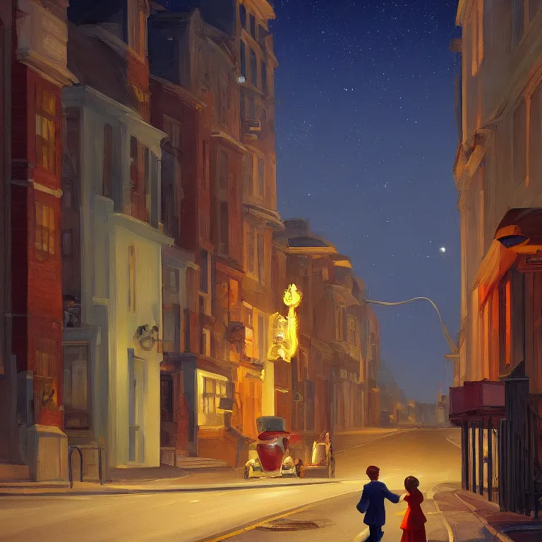 Prompt: a storybook illustration of a trash flying through empty street at night, fireflies, quiet night scene painted by Edward Hopper masterpiece, intricate, elegant, fantasy, highly detailed, digital painting, concept art, sharp focus, artstation