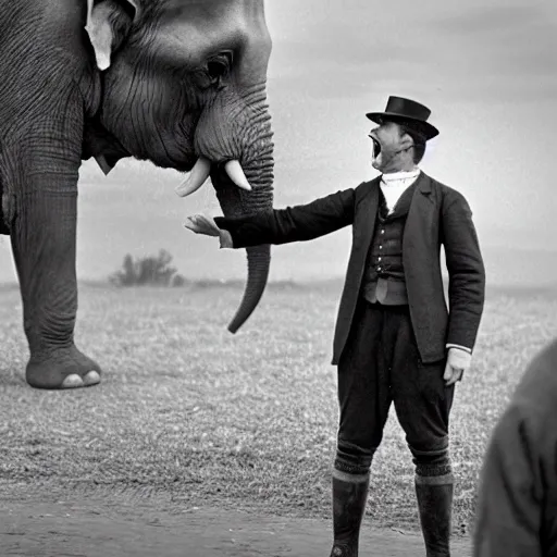 Prompt: A photograph of a man from Victorian England screaming at an elephant, 50mm lens, f/2.8