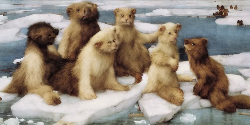 Image similar to 3 d precious moments plush animal, realistic fur, sea of ice, master painter and art style of john william waterhouse and caspar david friedrich and philipp otto runge